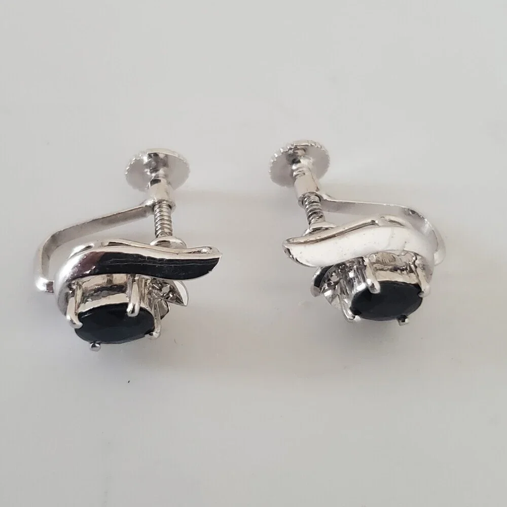 Vintage Style White Gold Black Sapphire Screw Back Earrings Fashion Jewelry